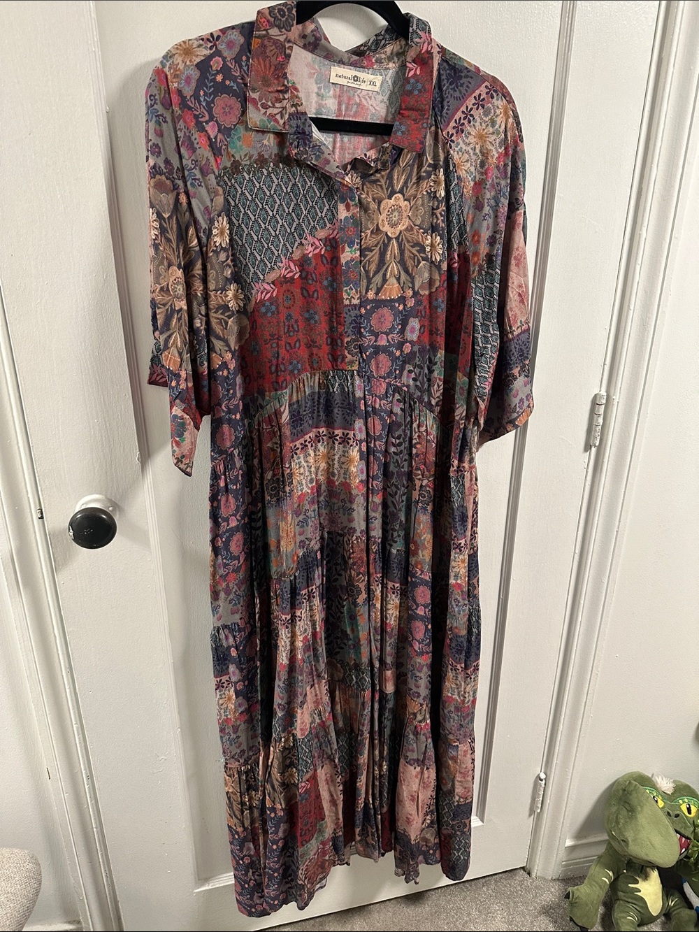 NATURAL LIFE Patchwork Floral Button-Front Maxi Dress - Maroon, Navy, Pink